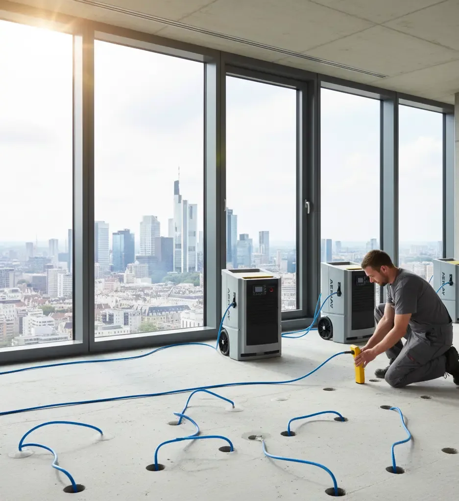Bautrocknung Frankfurt: Fachgerechte Dämmschichttrocknung nach Wasserschaden mit professionellen Kondenstrocknern in Frankfurt.