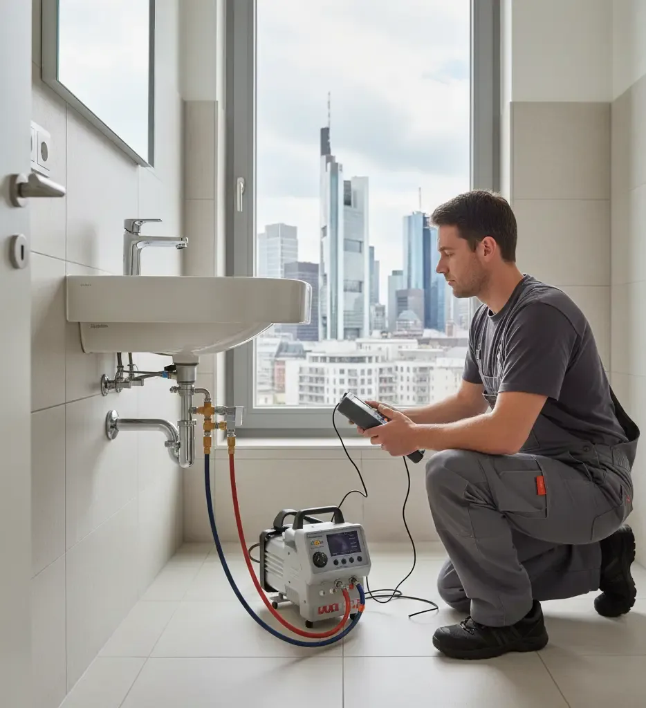 Leckageortung Frankfurt: Fachmann führt Druckprüfung an Waschbecken-Anschluss durch, um Rohrbruch schnell zu lokalisieren.