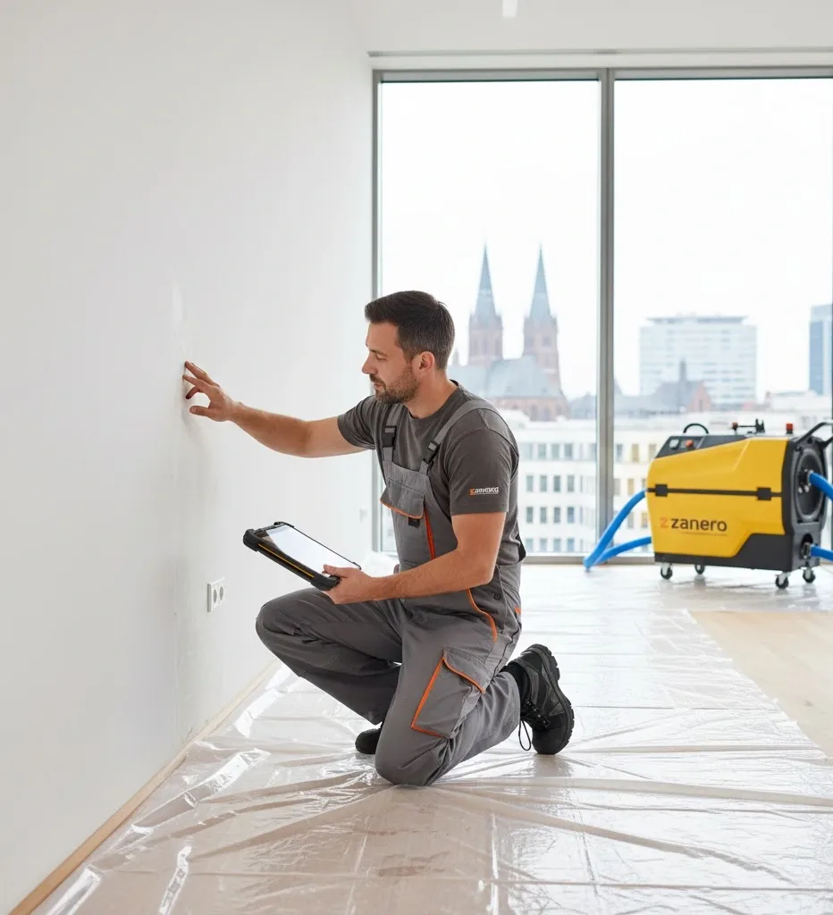 Wasserschadensanierung Mainz: Zertifizierter Techniker dokumentiert den Sanierungsfortschritt mit Tablet für digitales Protokoll.