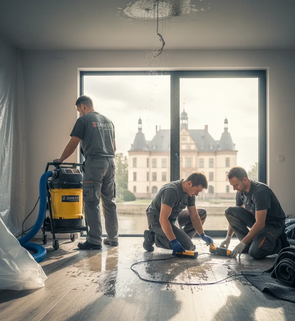Wasserschadensanierung Hanau: Zanero Wasserschadenservice Profis mit Trocknungsgeräten bei Leckortung im Wohnzimmer nach Wasserschaden